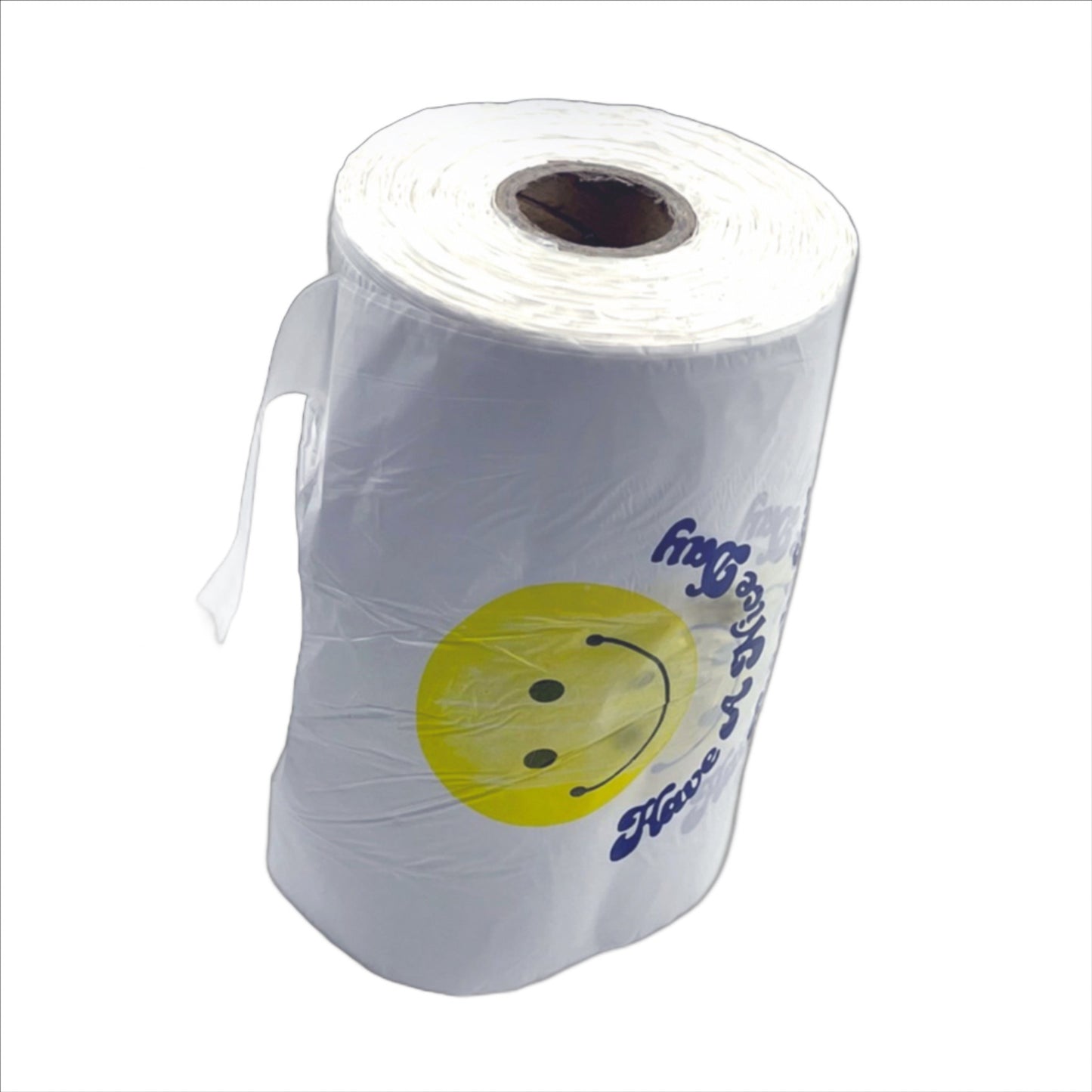 Happy Face T-Shirt Bag on a Roll White HDPE Plastic