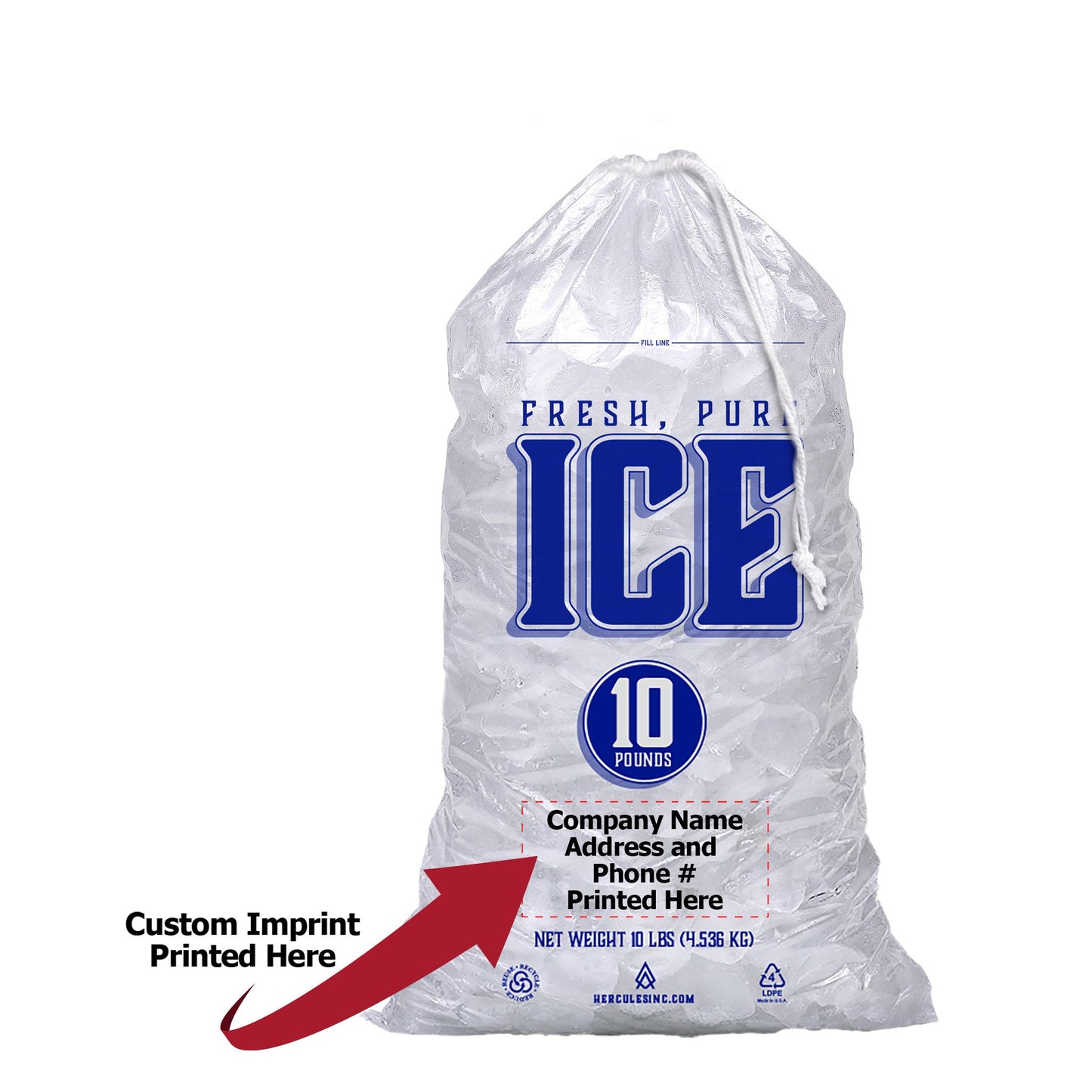 Custom Imprint 10# Drawstring Ice Bags - Fresh, Pure, Ice - 500/Case - Hercules Inc. Shop