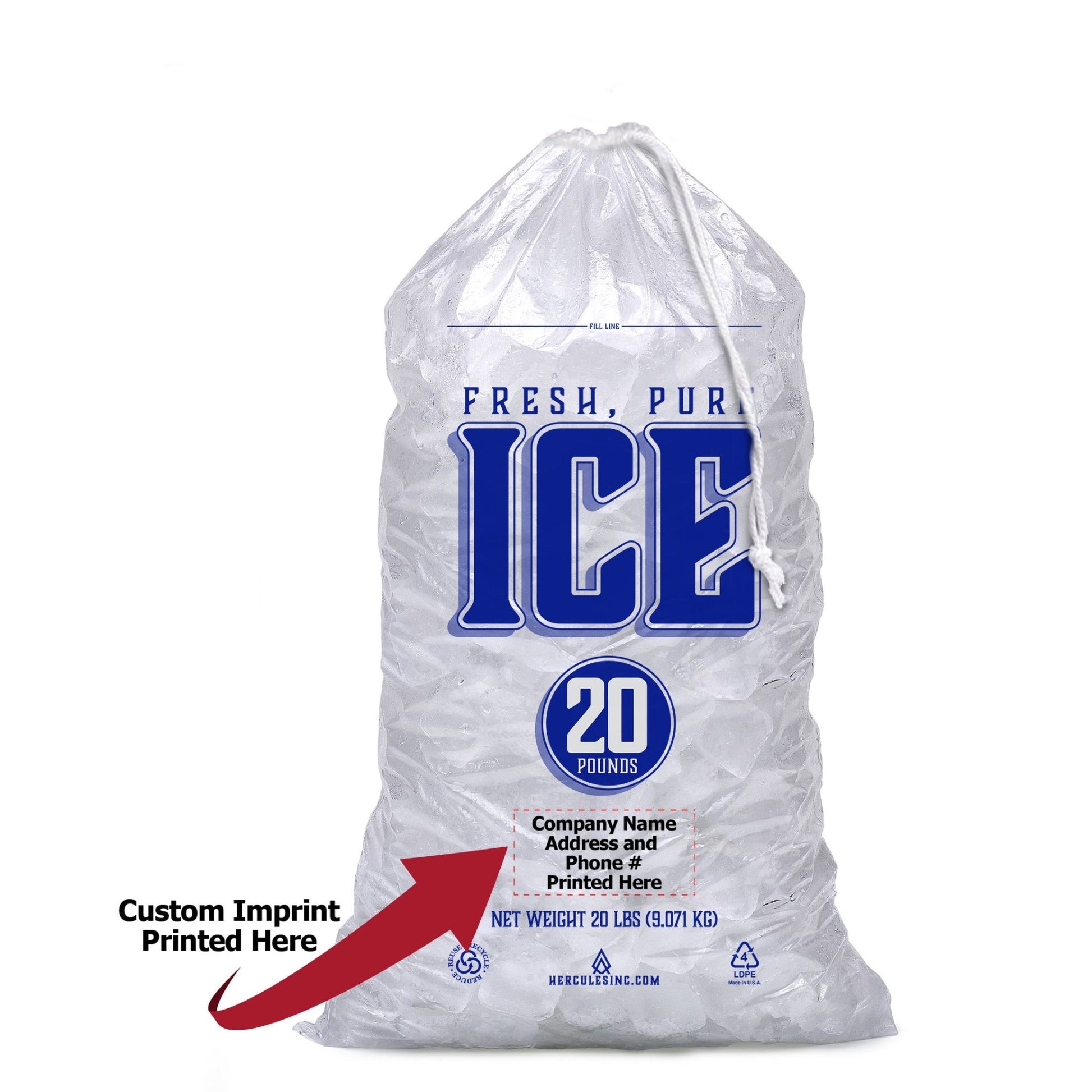 Custom Imprint 20# Drawstring Ice Bags - Fresh, Pure, Ice - 250/Case - Hercules Inc. Shop