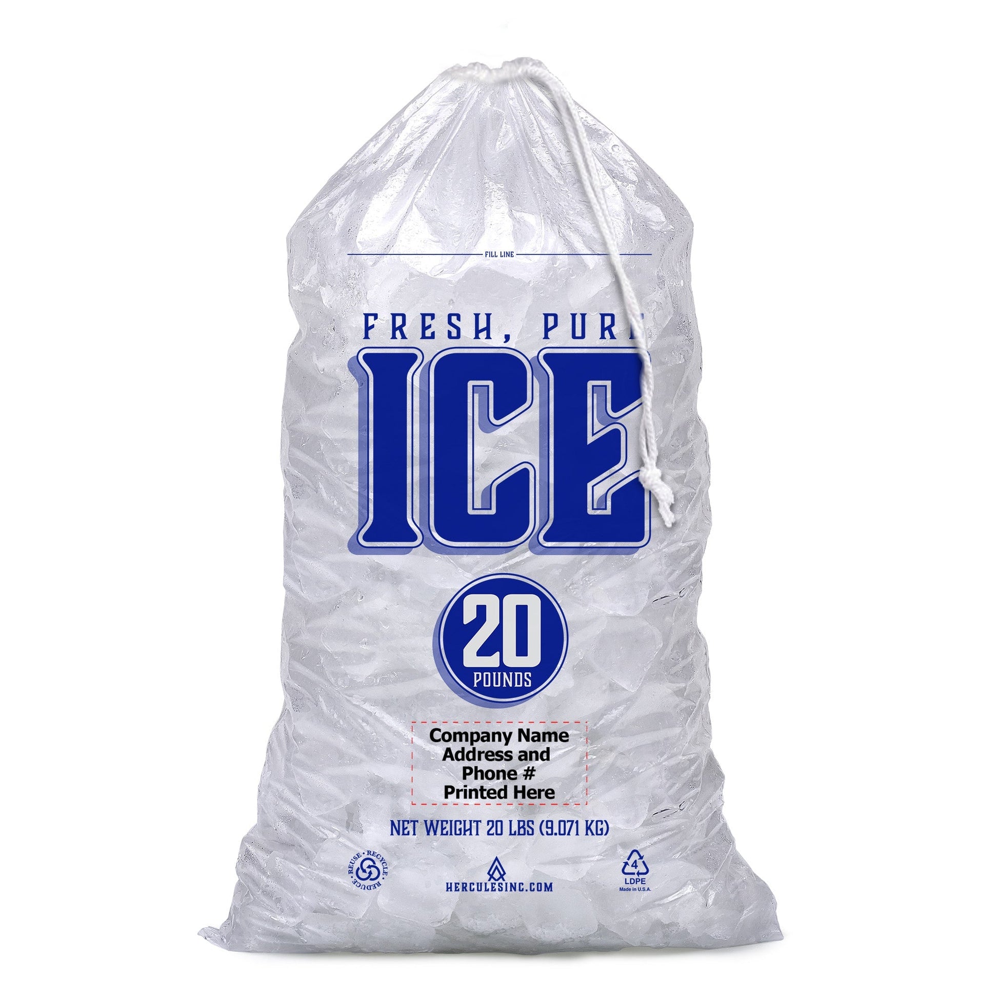 Custom Imprint 20# Drawstring Ice Bags - Fresh, Pure, Ice - 250/Case - Hercules Inc. Shop