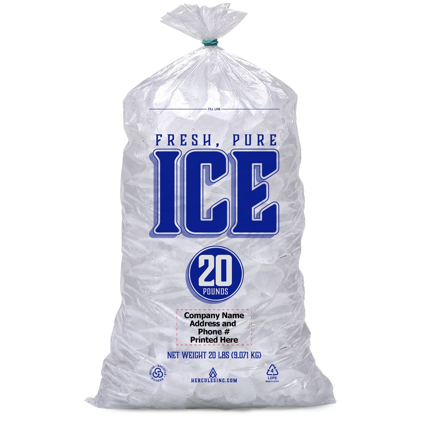 Custom Imprint 20# Ice Bags - Fresh, Pure, Ice - 5,000 Bags - Hercules Inc. Shop